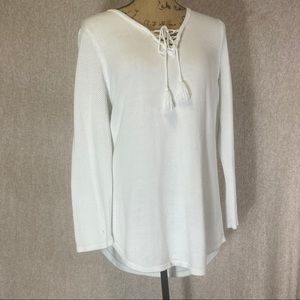 JOAN VASS- white lace up sweater w/ tassels large